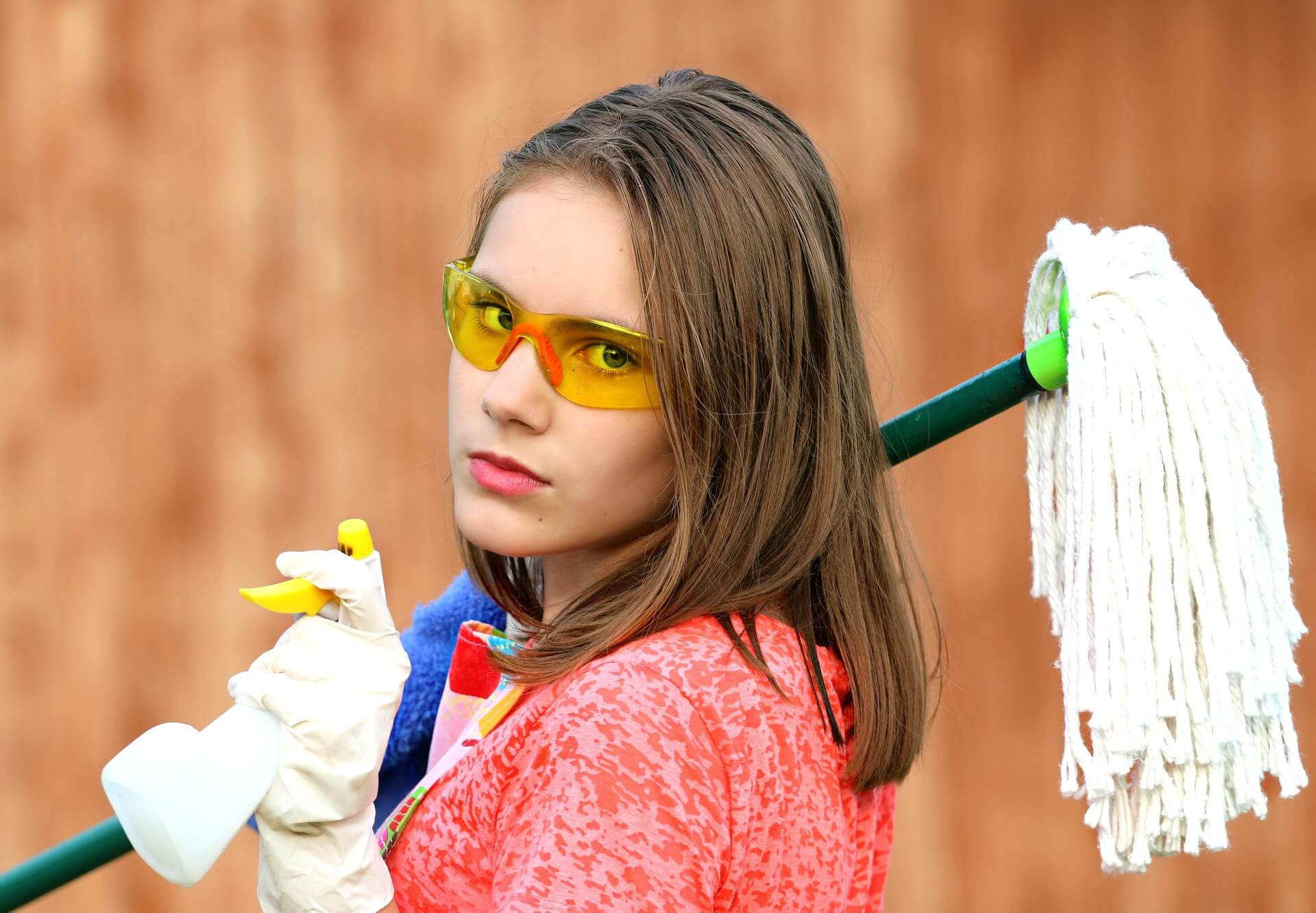 a lady equipped with cleaning equipments
