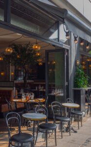 Outdoor dining area with table and chairs