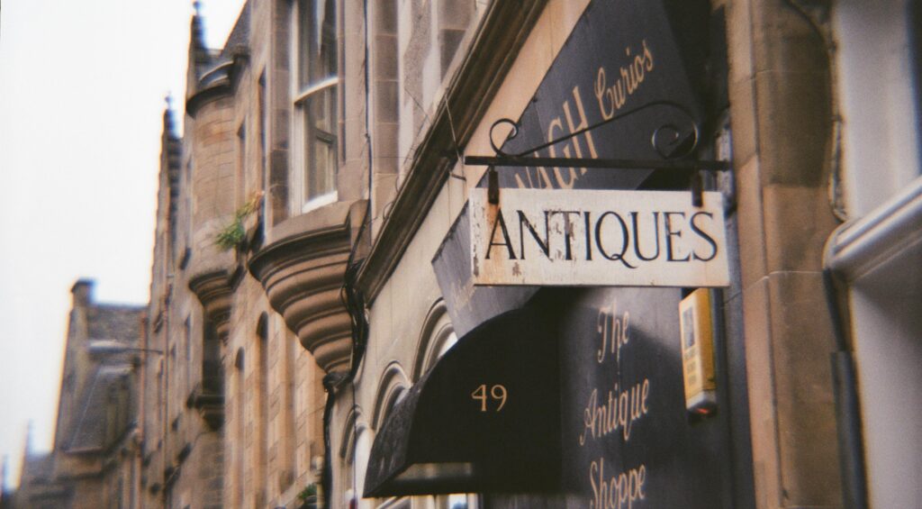 Signage on front of an antiques dealer